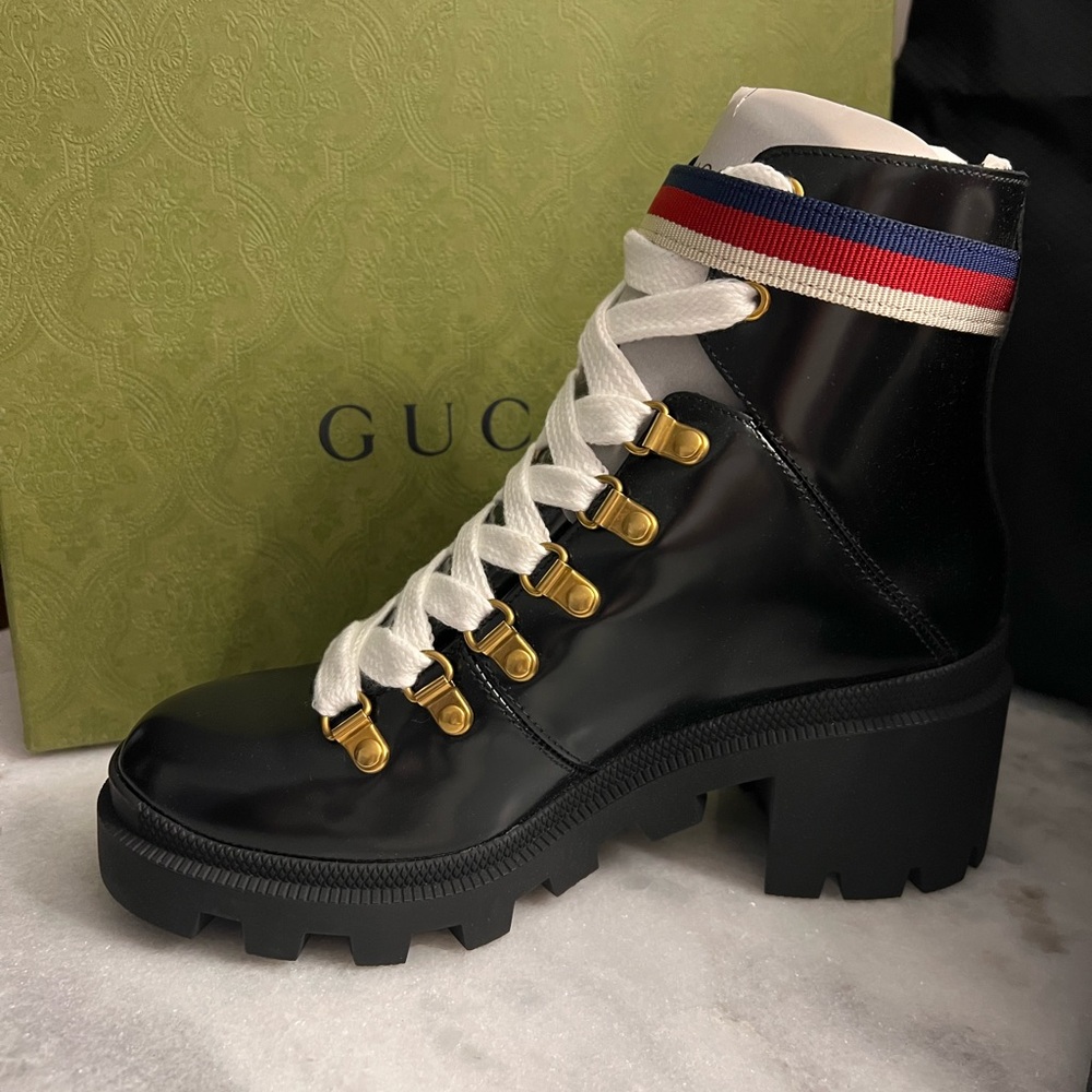 Gucci New in Box Sylvie Web Accent Leather Black Lace Up Combat Boots  US 6.5 - Picture 2 of 5